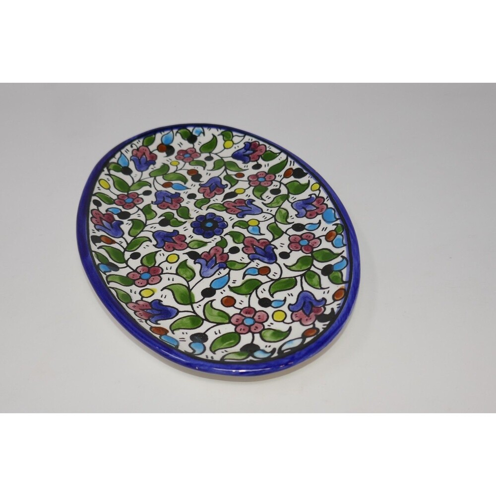 Armenian Pottery Hand Painted Floral Flowers Oval Dish Plate Made in Jerusalem - Picture 3 of 16